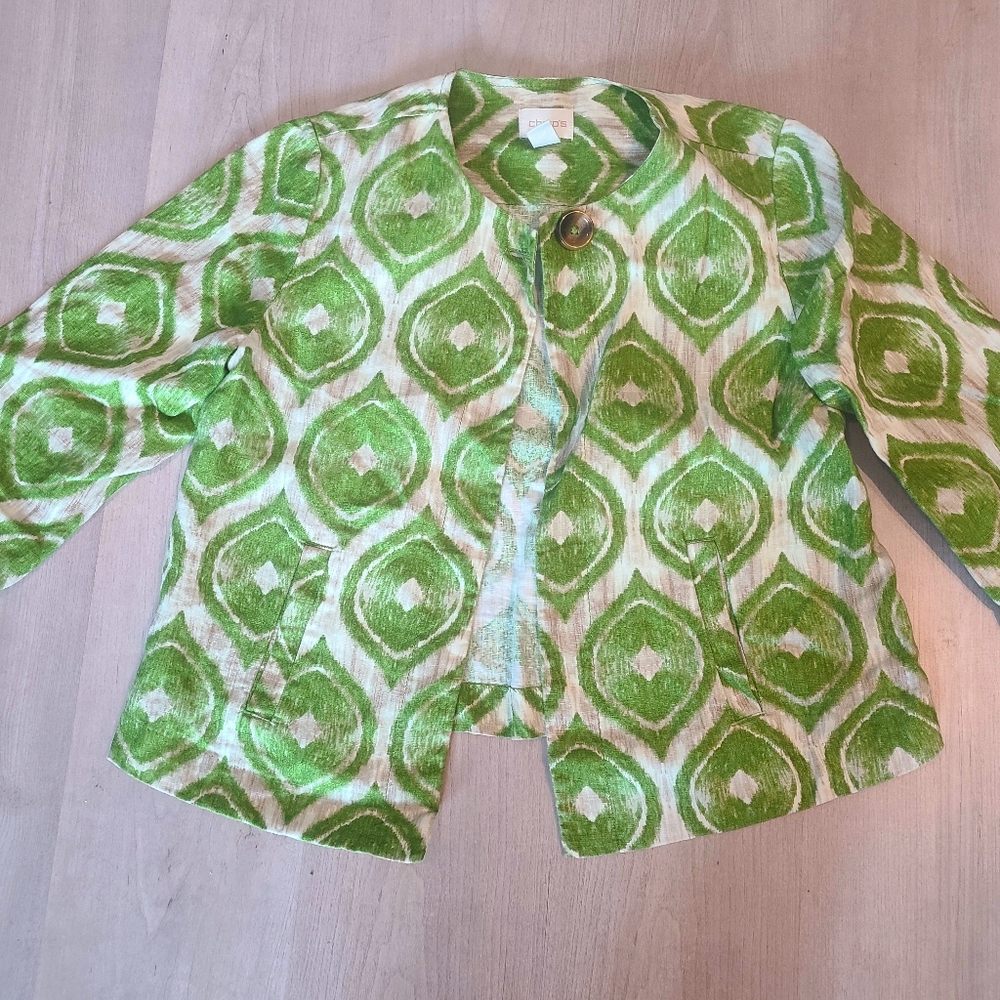 Chico's Linen Green Patterned Jacket - image 2